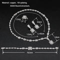 Jewelry set with necklace, earrings, and bracelet on a black background with measurements.