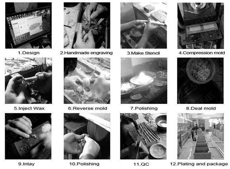 Step-by-step process of jewelry manufacturing with various stages shown.