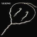 Silver jewelry set with necklace and earrings on a black background, featuring the brand 'YFJEWE'.