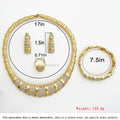 Gold jewelry set with necklace, earrings, ring, and bracelet on a white background with measurements.
