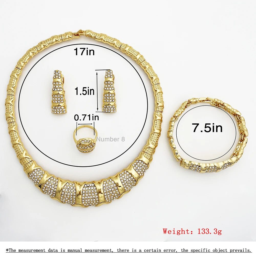 Gold jewelry set with necklace, earrings, ring, and bracelet on a white background with measurements.