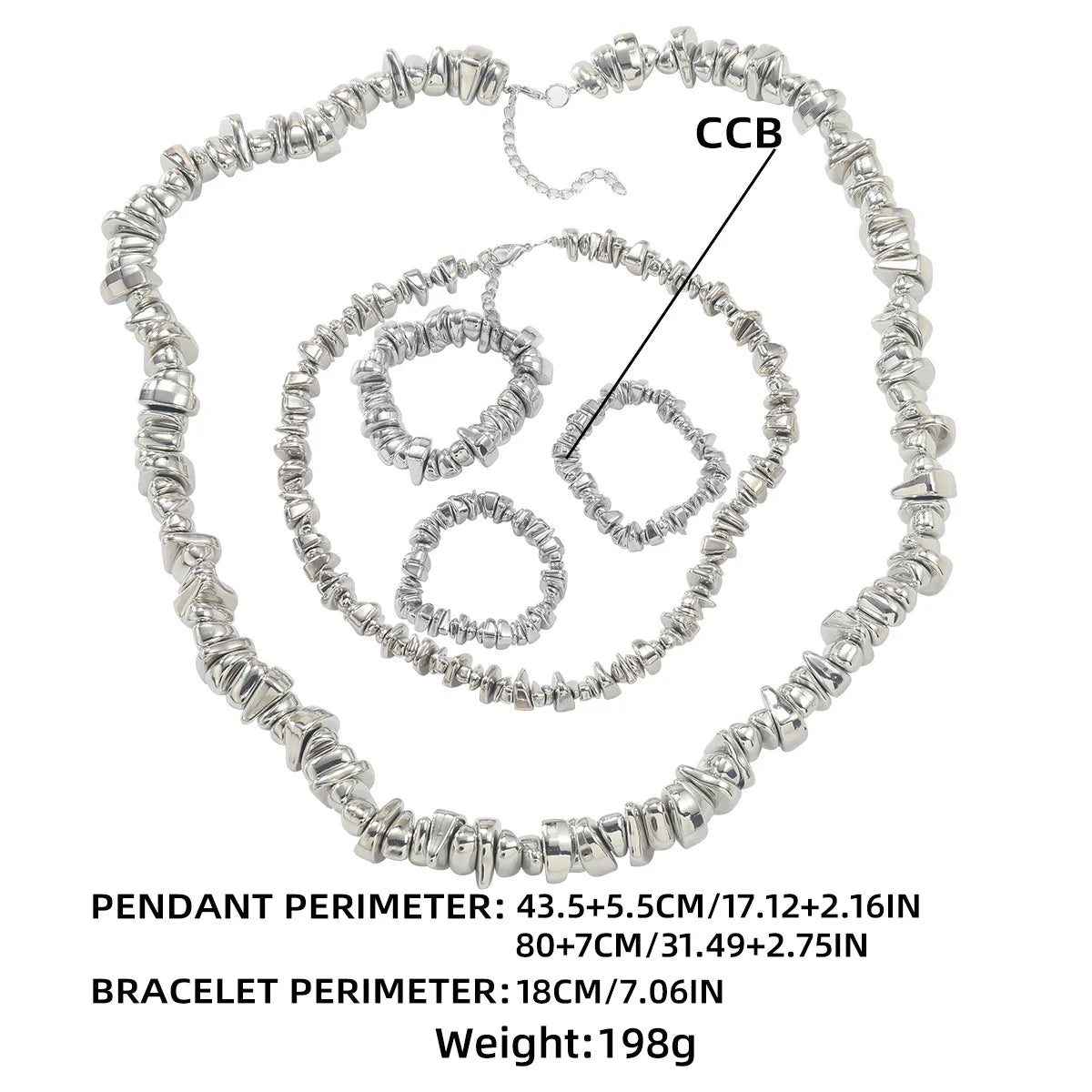 Silver necklace with measurements and weight details on a white background