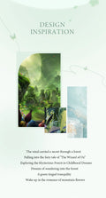 Fantasy forest scene with characters and text on a light green background