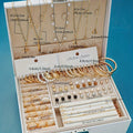 Jewelry set with necklaces, bracelets, and earrings in a display box on a blue background.
