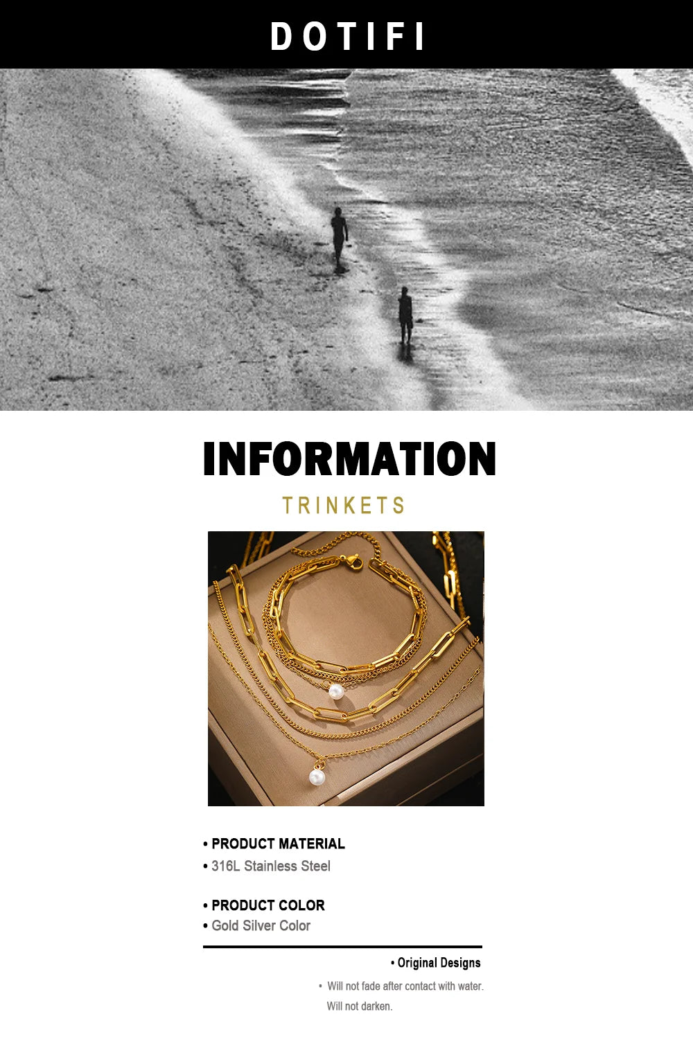 Advertisement for Dotifi jewelry with two people walking on a beach and jewelry display.