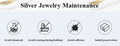 Silver jewelry maintenance tips with icons and text on a white background