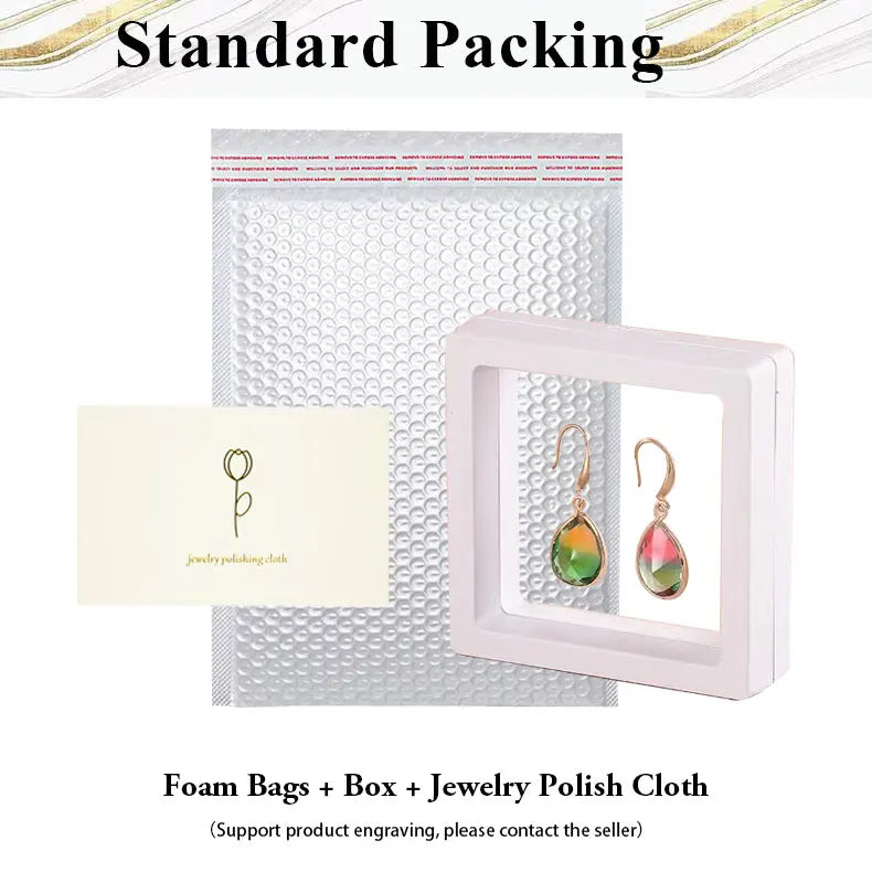 Jewelry packaging set with foam bags, box, and polish cloth on a white background.