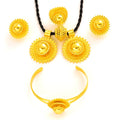 Gold jewelry set with necklace, earrings, and bracelet on a white background