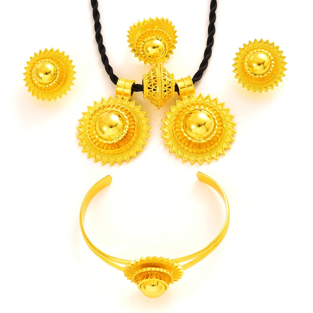Gold jewelry set with necklace, earrings, and bracelet on a white background
