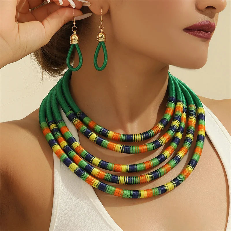 African Multicolor Choker Necklace Earrings Set