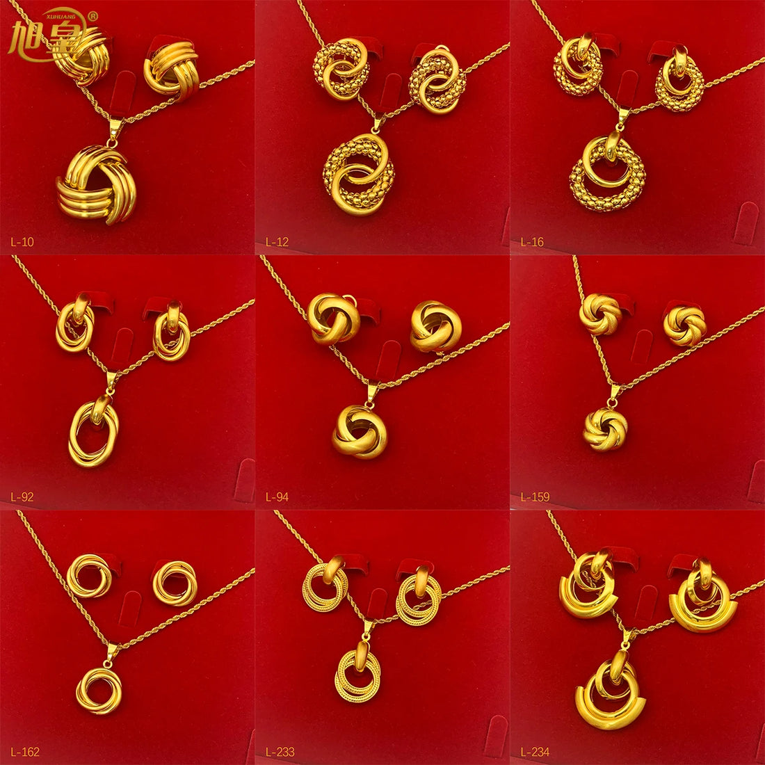 Gold jewelry set with necklace and earrings on a red background