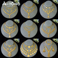 Collage of gold jewelry sets on mannequin heads with A-Yong Jewelry logo.