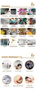 Jewelry manufacturing process and maintenance tips illustrated with icons.