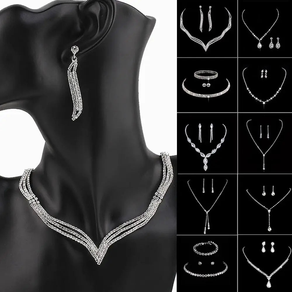 Silver jewelry set on a black mannequin with additional images of the jewelry set.