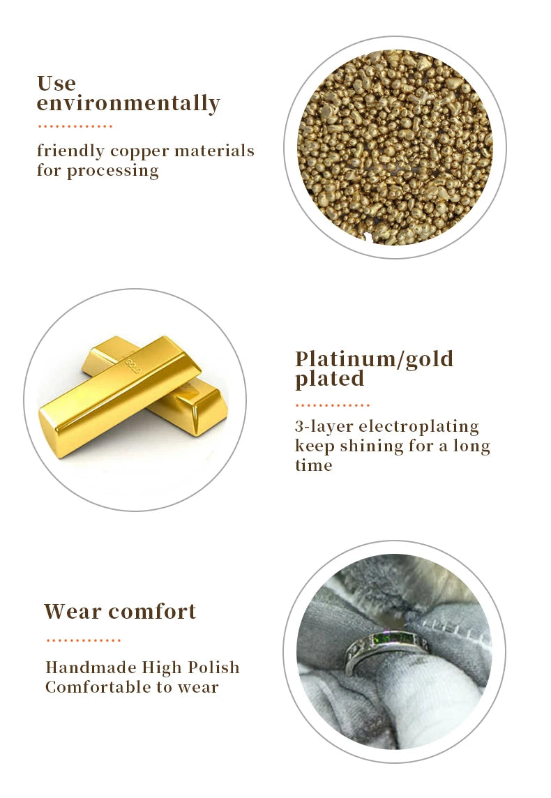Product features including environmentally friendly copper materials, platinum/gold plating, and wear comfort.