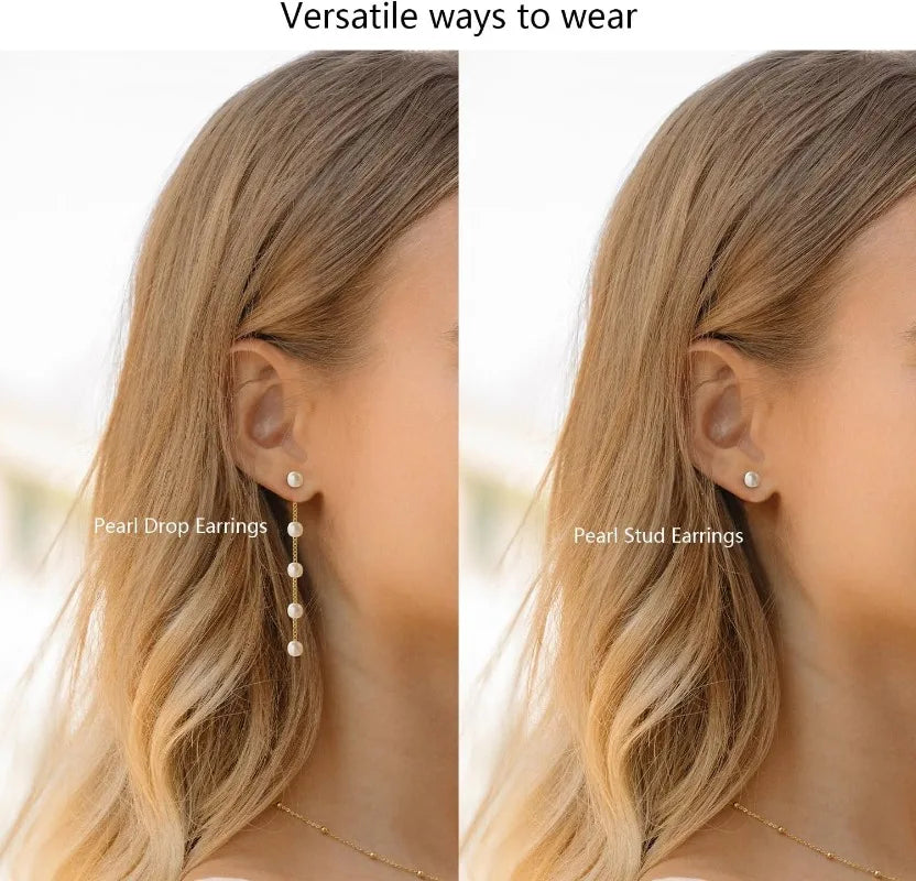 Two ways to wear pearl earrings on a person with blonde hair.