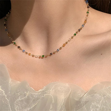 Fashion Emerald Inlaid Rhinestone Choker Necklace for Women Girls Delicate Gold Color Clavicle Chain Necklace Jewelry Gift