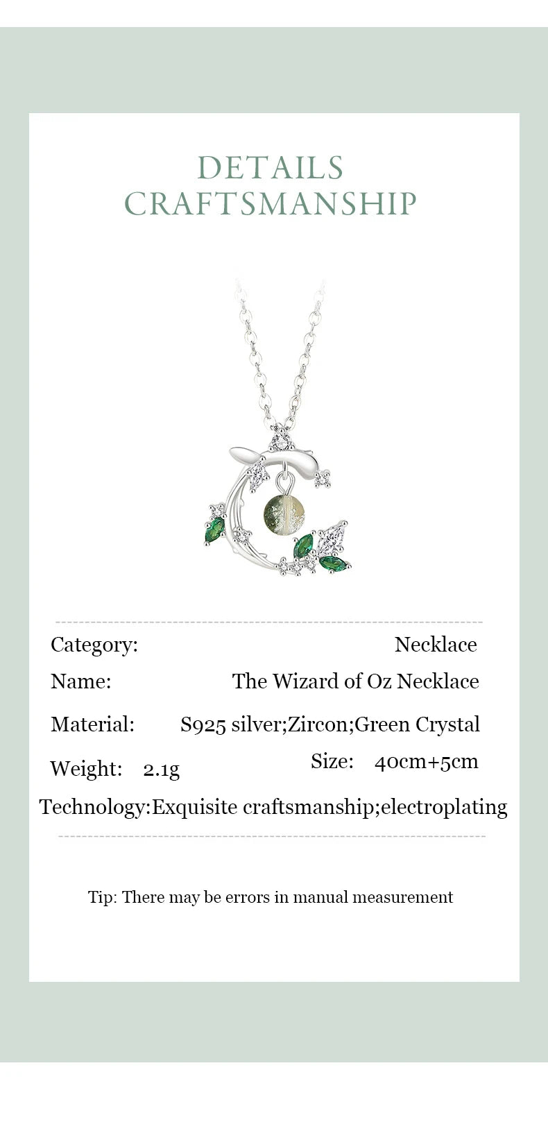 Necklace with green crystal pendant on a white card with text details.