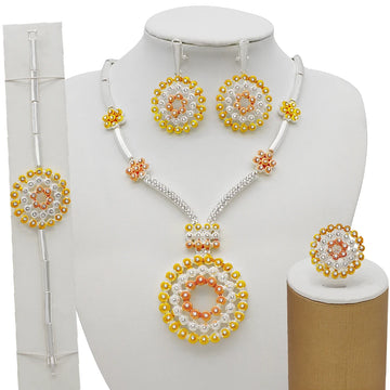 Dubai Jewelry Set Gold Color Necklace Bracelet Ring Set For Women Luxury Large Round Necklace Set Classic Wedding Party Gift