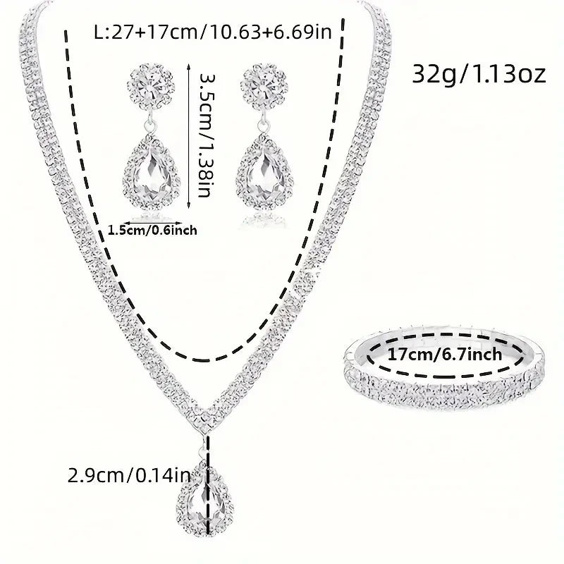 Jewelry set with necklace, earrings, and ring on a white background with measurements.