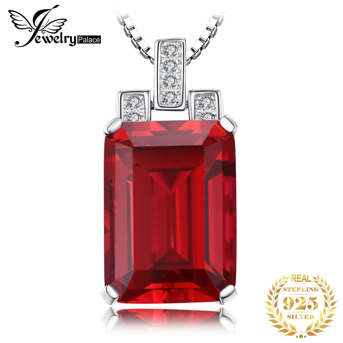 Red gemstone pendant with silver chain on a white background, featuring Jewelry Palace branding.