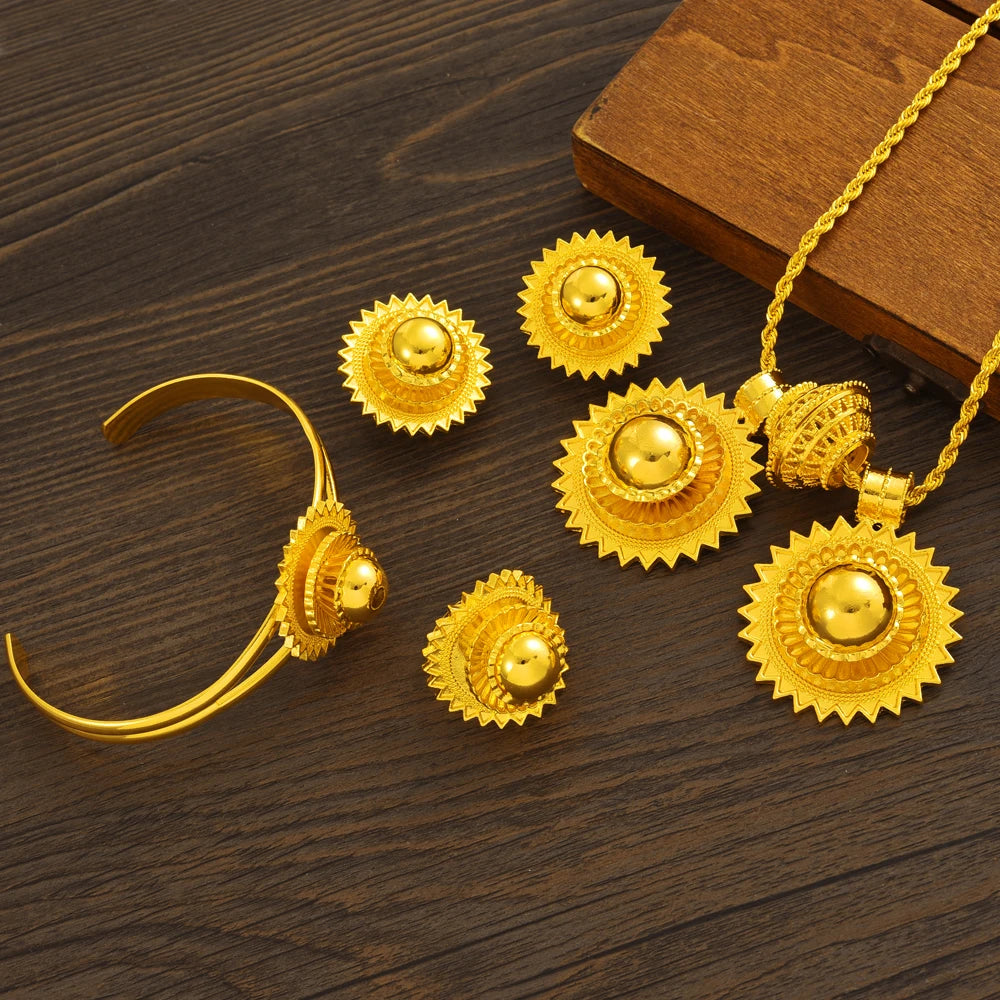 Gold jewelry set including necklace, earrings, and bangles on a wooden surface