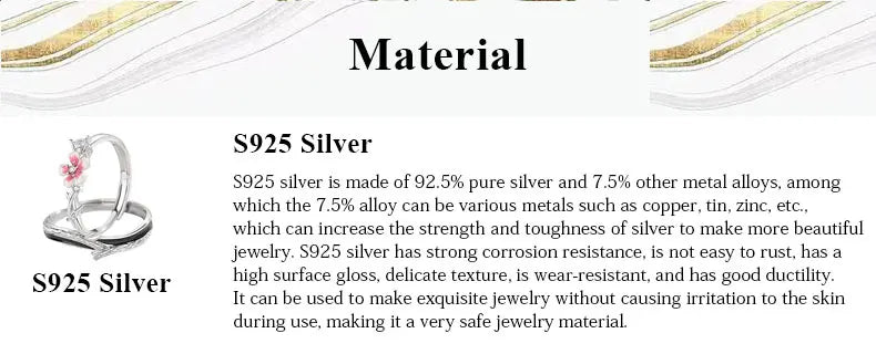 S925 silver jewelry material information with a ring illustration.