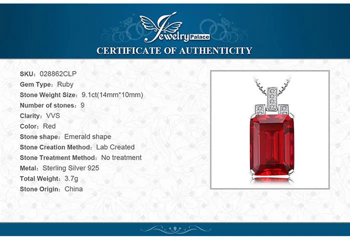 Jewelry Palace certificate of authenticity for a ruby pendant with detailed specifications.