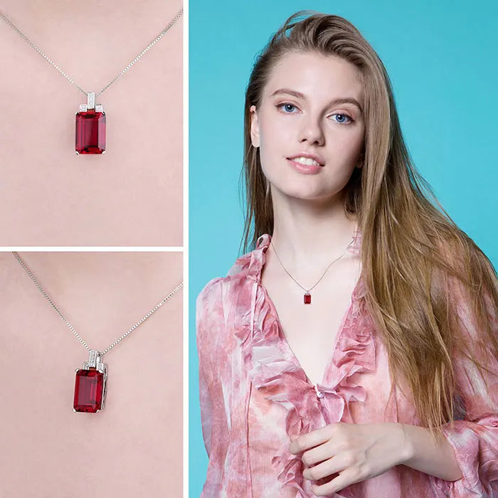 Red gemstone necklace on a pink background with a woman wearing it against a blue background.