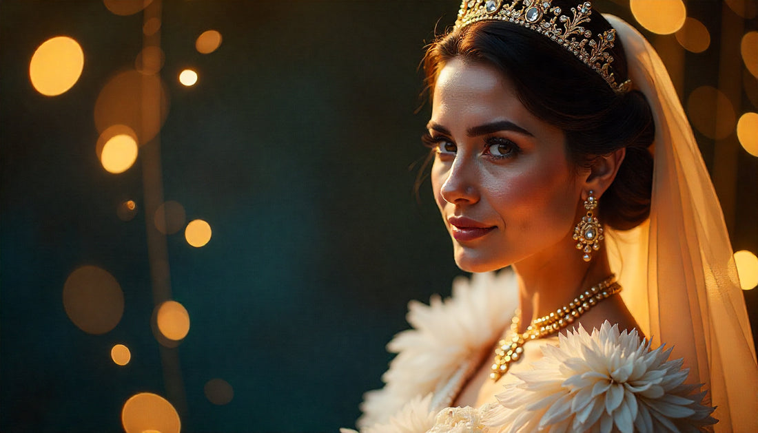 Woman in bridal attire with a tiara and veil against a blurred light background