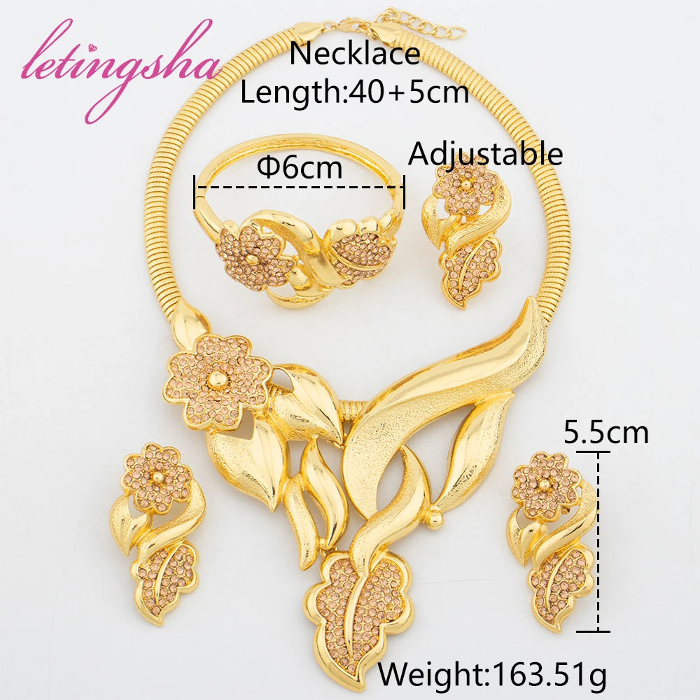 Jewelry Set for Women Dubai Zircon Pendant Clip Earrings Bangle Ring Set Italy Gold Color Bride Jewellery Wedding Party Gift