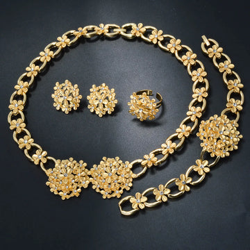Sunny Jewelry Flower Zircon Gold Plated Earrings Necklace Bracelet Ring Middle Eastern Women Wedding Engagement Lady Jewelry Set