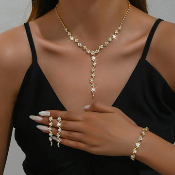4 pieces of women's European and American fashion jewelry set, rhinestone necklace, bracelet, earrings, bride's wedding dress ac