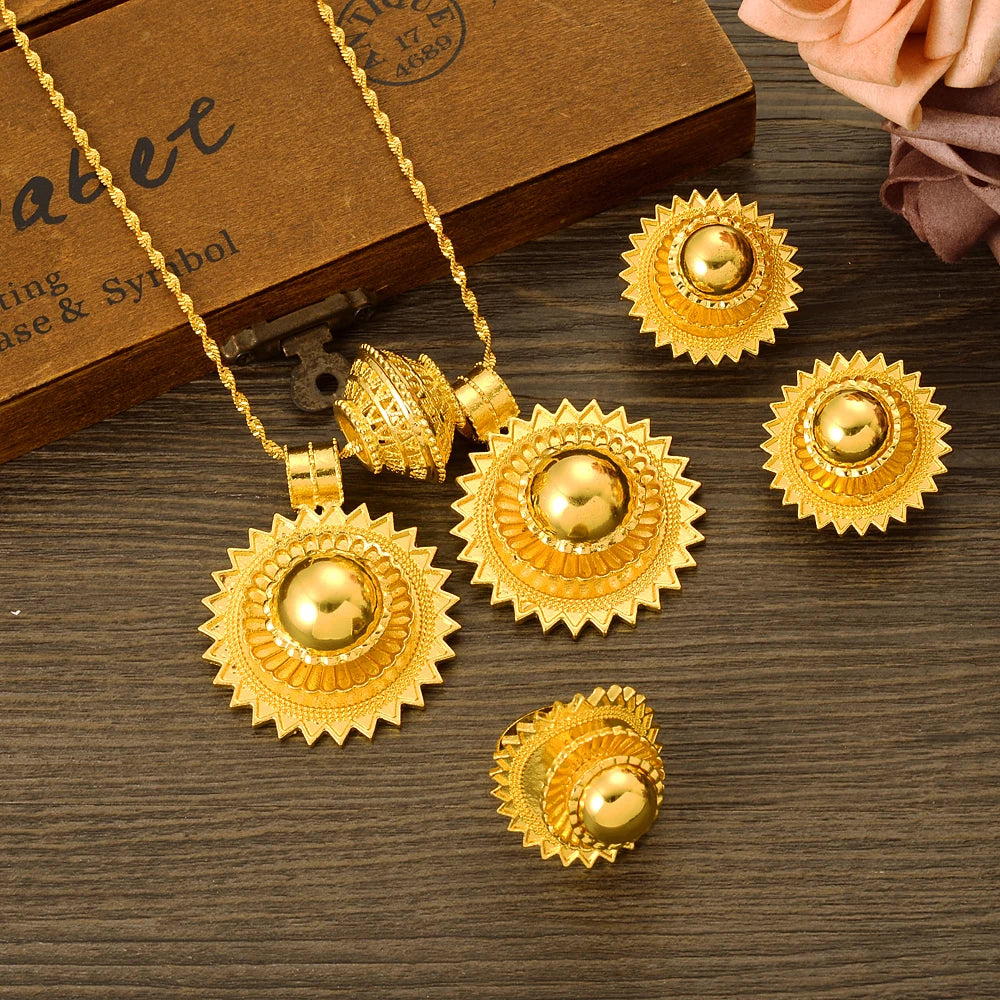 Ethiopian  Jewelry 2pcs Pendant/Necklace/Earring/Ring/Bracelet Gold Color Eritrea Set Man Women's Habesha Wedding Party Gift
