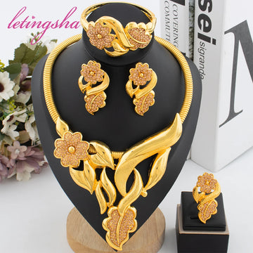 Jewelry Set for Women Dubai Zircon Pendant Clip Earrings Bangle Ring Set Italy Gold Color Bride Jewellery Wedding Party Gift