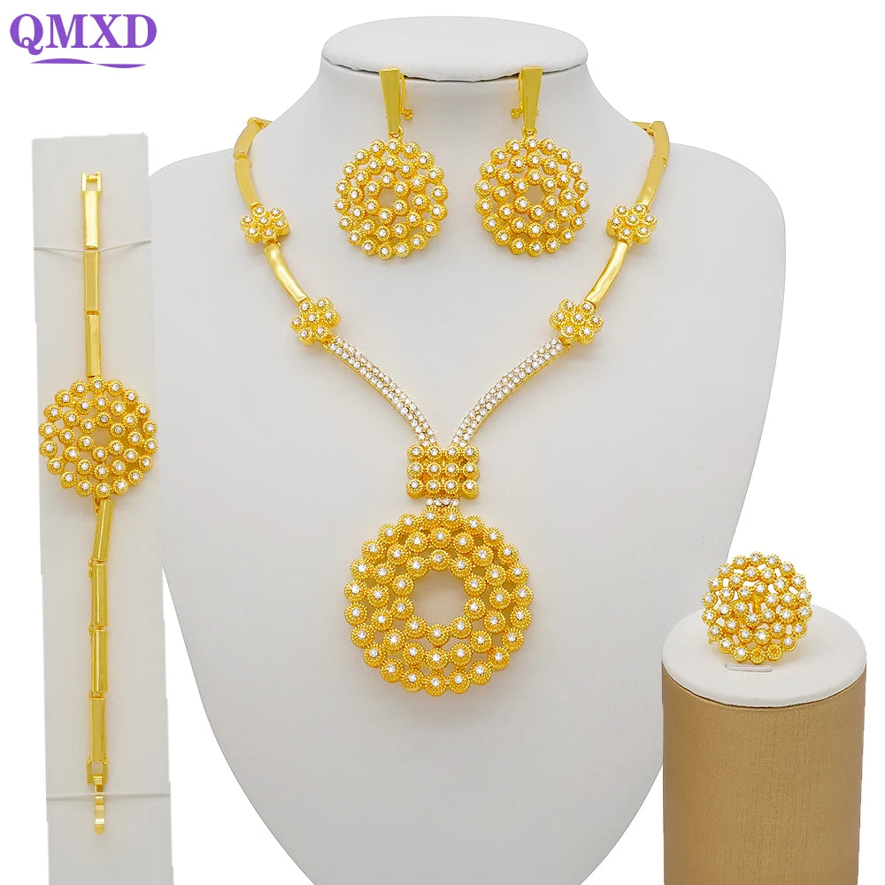 Dubai Jewelry Set Gold Color Necklace Bracelet Ring Set For Women Luxury Large Round Necklace Set Classic Wedding Party Gift