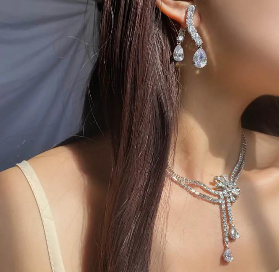 luxury jewelry set for women geometric earrings design bow necklace