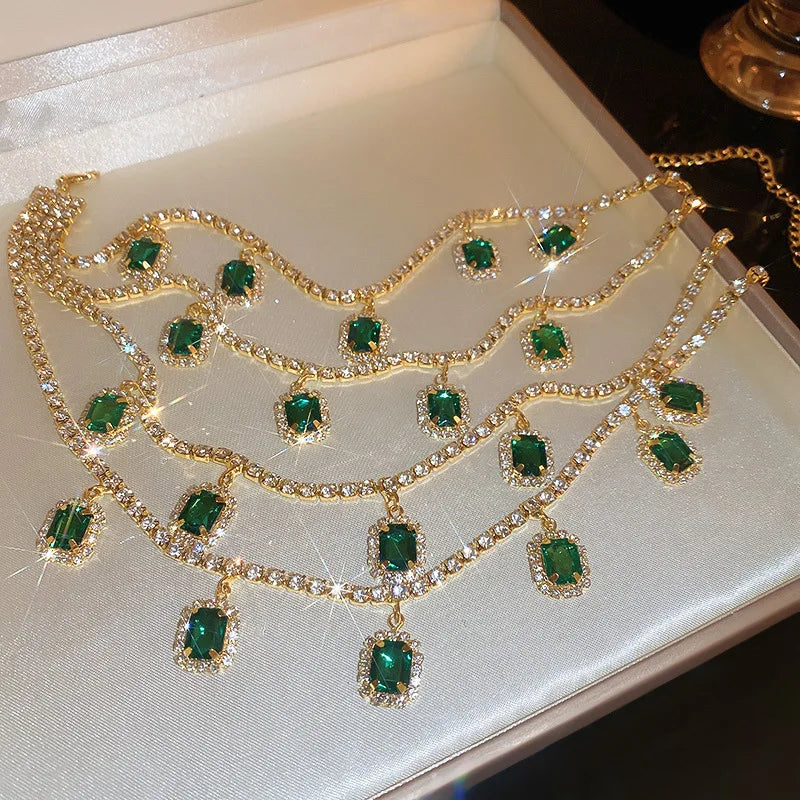 Luxury Crystal Jewelry Sets for Women Bridal Blue Stone Zirconia Emerald Green Necklace Earrings Wedding Party Gift