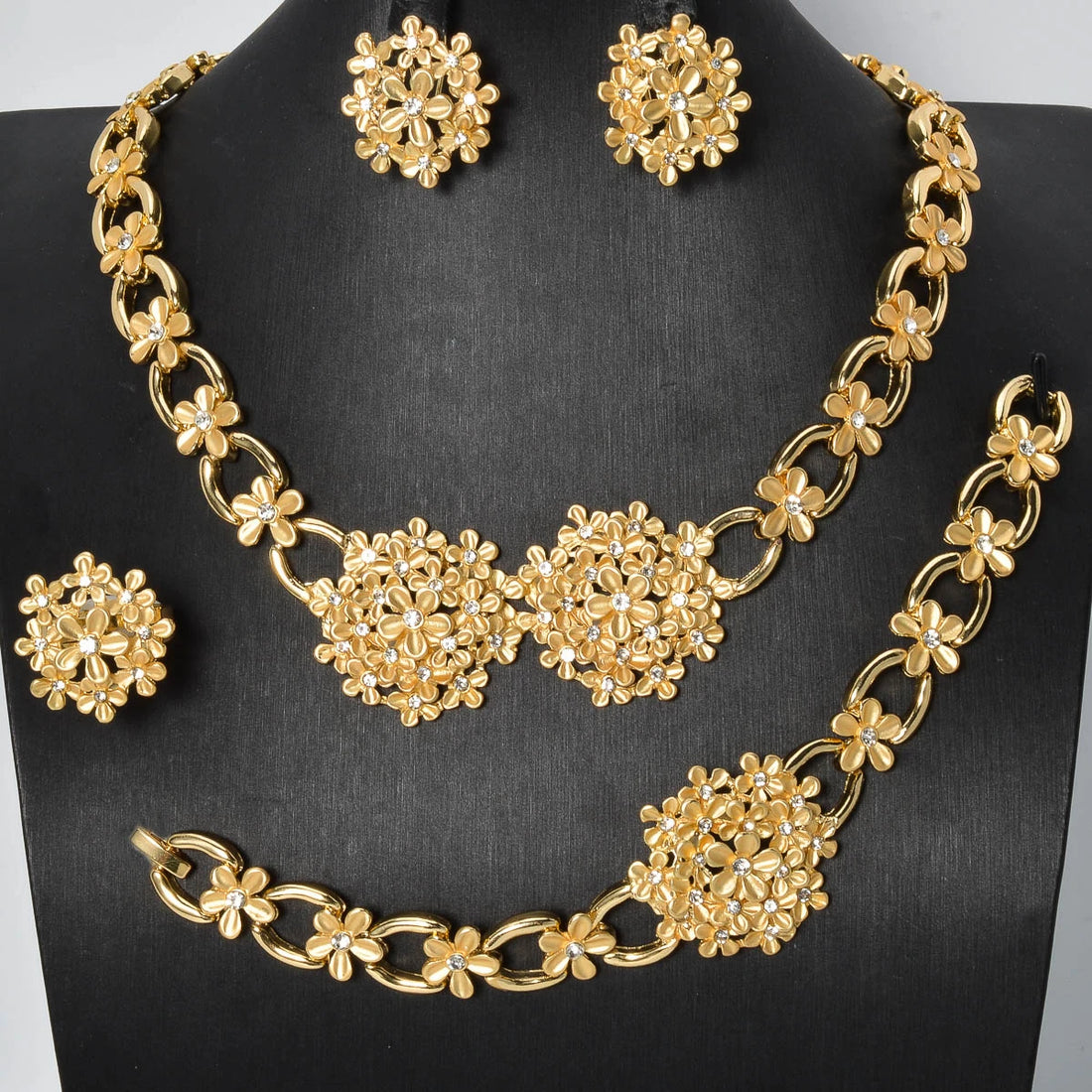 Sunny Jewelry Flower Zircon Gold Plated Earrings Necklace Bracelet Ring Middle Eastern Women Wedding Engagement Lady Jewelry Set