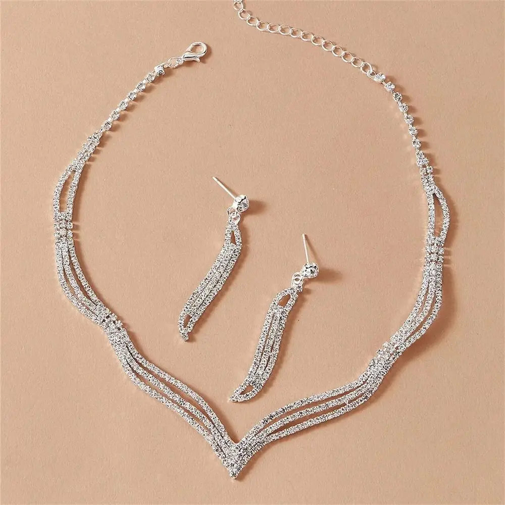 Wedding Dress Crystal Jewelry Set Shiny Banquet Ladies Rhinestone Necklace Earrings Bride Jewelry Gifts