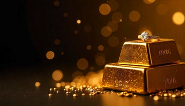 Gold ring on top of gold bars with a dark, blurred background